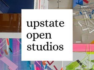 Abstract mixed-media artworks featuring colorful tape, yarn, and Lego bricks on canvas, surrounding bold black text reading "upstate open studios" on a white square background.