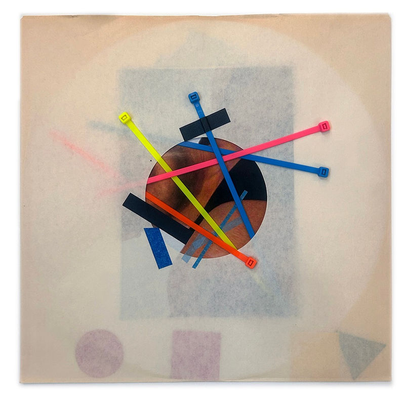 Collage artwork with Rislan collar and color tape on record sleeve about diatonic fusion in music by Halaburda, 2024, USA. Yellow, pink, blue and black colors.
