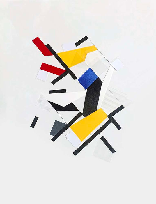 Abstract art on paper with color tapes and ribbons about unique identification in psychogeographic mapping by Philippe Halaburda, 2022, USA