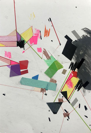 Abstract art on paper with acrylic painting and color tapes about the phase of separation  in psychogeographic mapping by Philippe Halaburda, 2020, USA