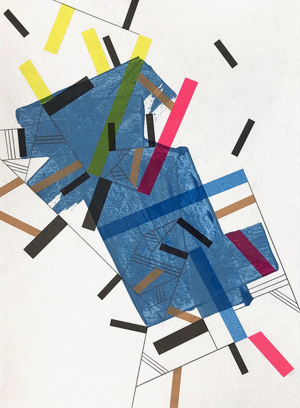 Abstract painting on paper about topography with acrylic paint and color tapes by Halaburda, 2020, USA. Blue, yellow, black and pink colors.