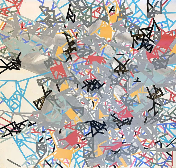 Abstract art on canvas with acrylic painting about the adaptative recognition in psychogeographic mapping by Philippe Halaburda, 2020, USA