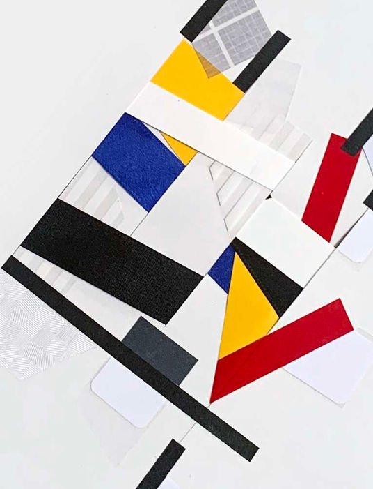 Abstract art on paper with color tapes and ribbons about unique identification in psychogeographic mapping by Philippe Halaburda, 2022, USA
