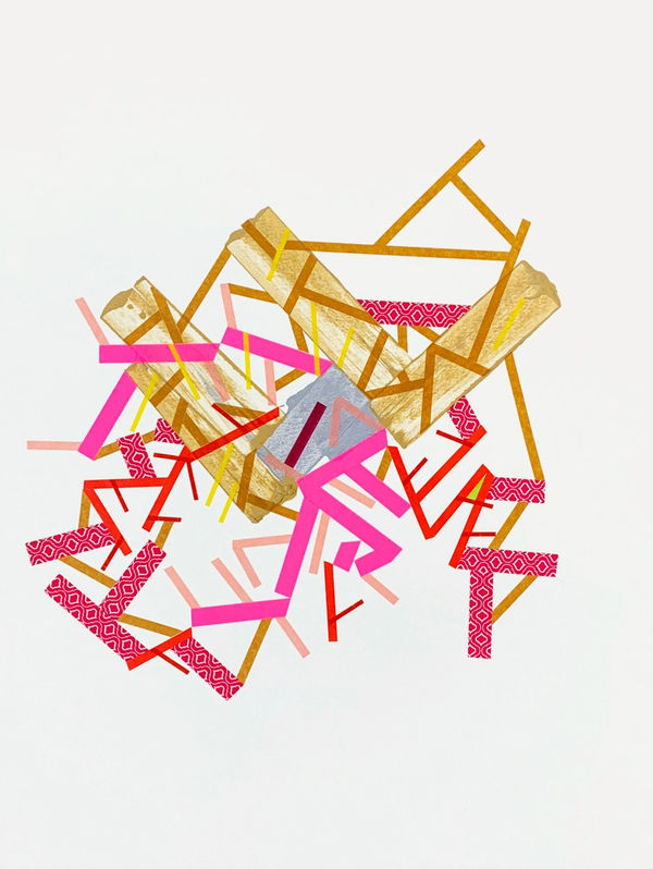 Abstract painting on paper about positive thinking with acrylic painting and color tapes by Halaburda, 2021, USA. Beige, gray, pink and black colors.