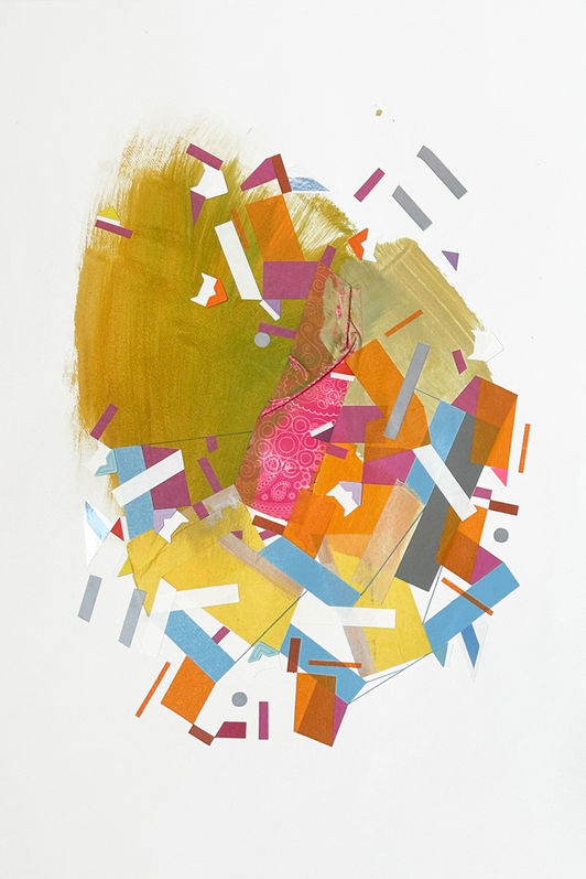 Abstract painting on paper about oxygen therapy with acrylic paint and color tapes by Halaburda, 2023, USA. Yellow, pink, and blue colors.