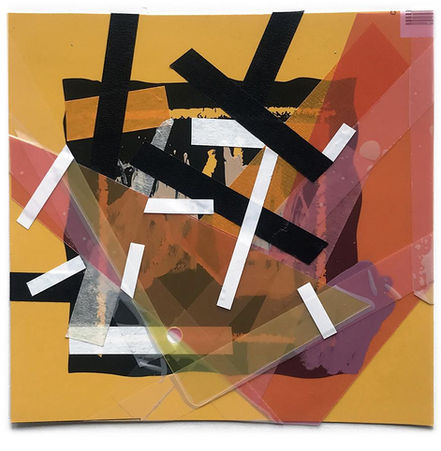 Abstract art on color paper with color tapes about the sketchbook in psychogeographic mapping by Philippe Halaburda, 2020, USA