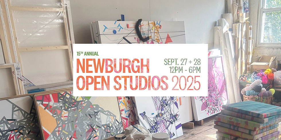 Philippe Halaburda studio in Newburgh—abstract paintings with Newburgh Open Studios 2025 poster.