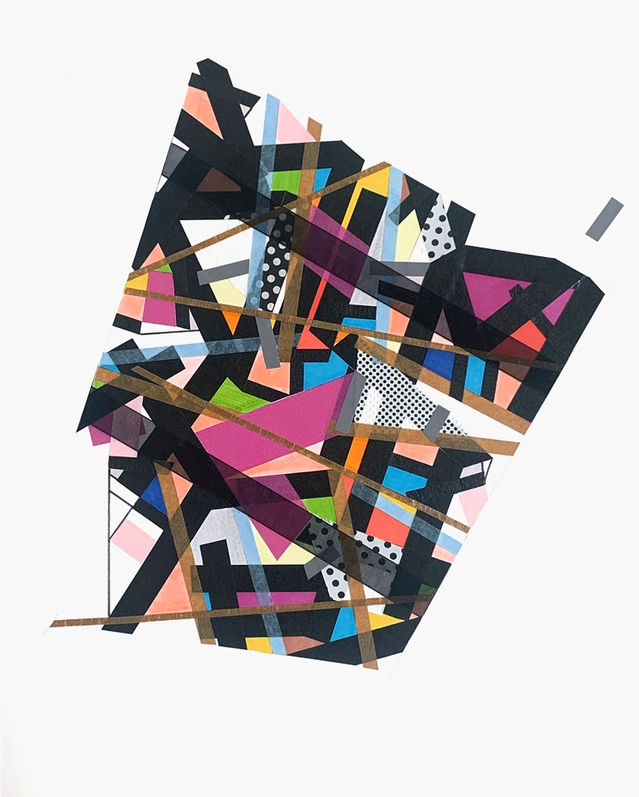 Abstract painting on paper about the art of plotting with collages and color tapes by Halaburda, 2022, USA. Pourpre, yellow, black and blue color.