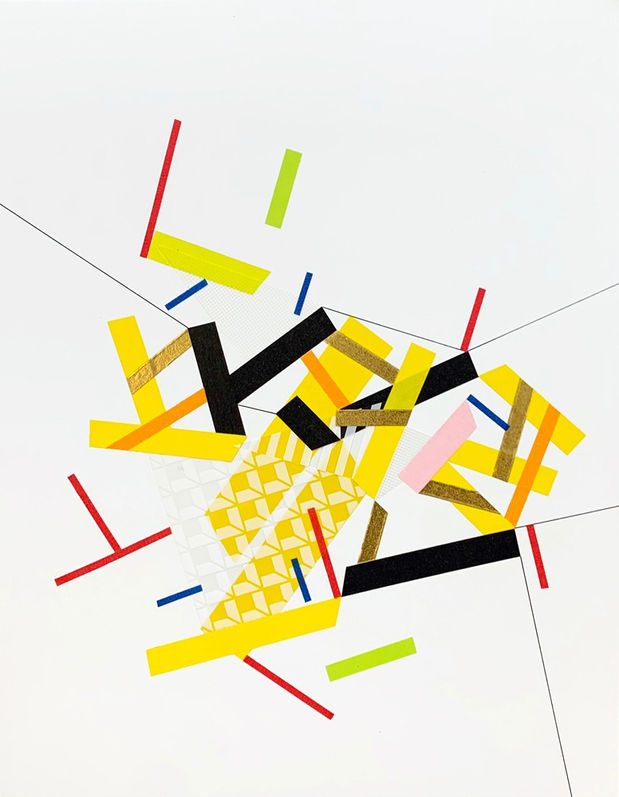 Abstract collages on paper about contactless with stickers and color tapes by Halaburda, 2021, USA. Yellow, pink and black colors.