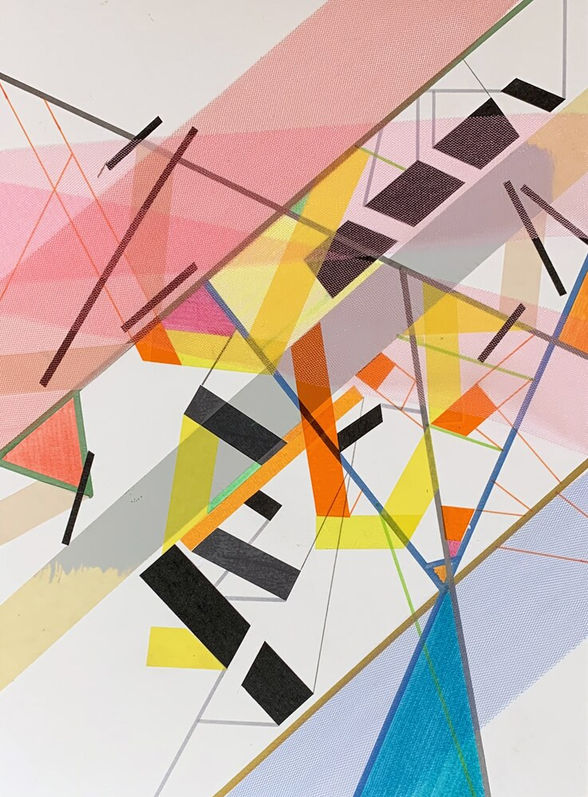 Abstract painting on paper about illusions and perceptions  with acrylic, tulle  and color tapes by Halaburda, 2021, USA. Blue, yellow, red and black colors.