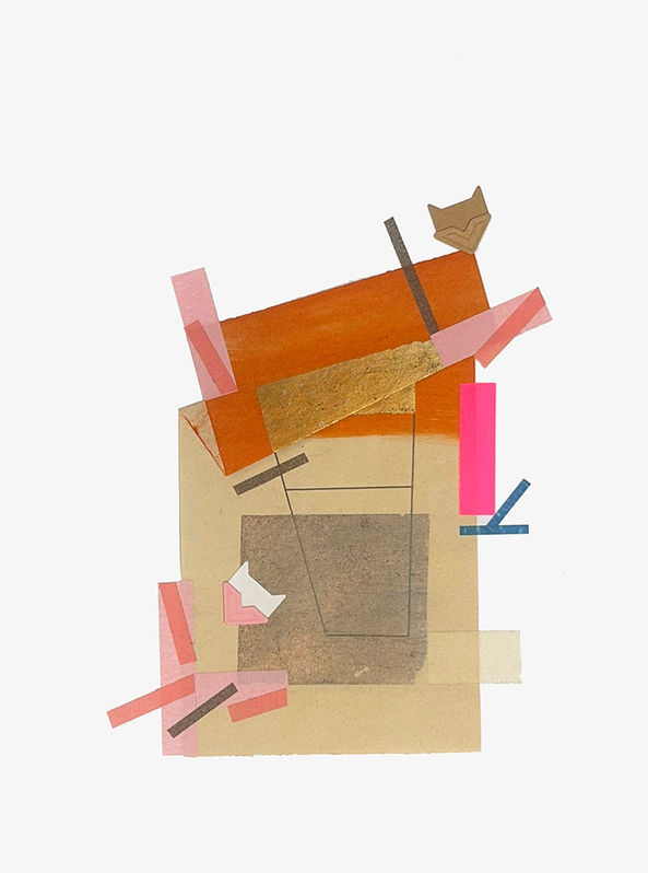 Collage artwork with gold leaf and color tape on paper about alchemy by Halaburda, 2024, USA. Gold, pink and blue colors.