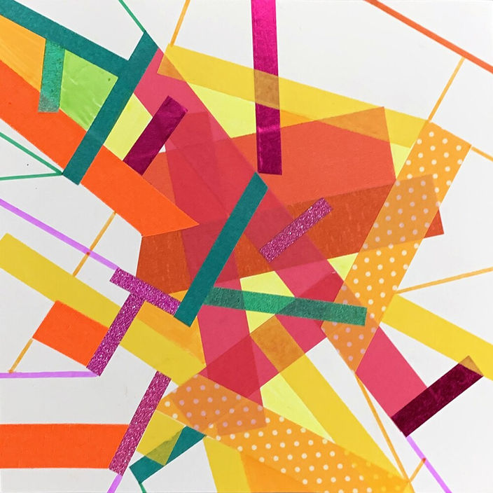Abstract collage on paper about the spectrum with color tapes by Halaburda, 2021, USA. Orange, yellow, purple and green colors.