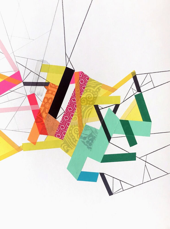 Abstract painting on paper about quarantine with acrylic paint and color tapes by Halaburda, 2020, USA. Orange, yellow, pink, black, light green and green colors.