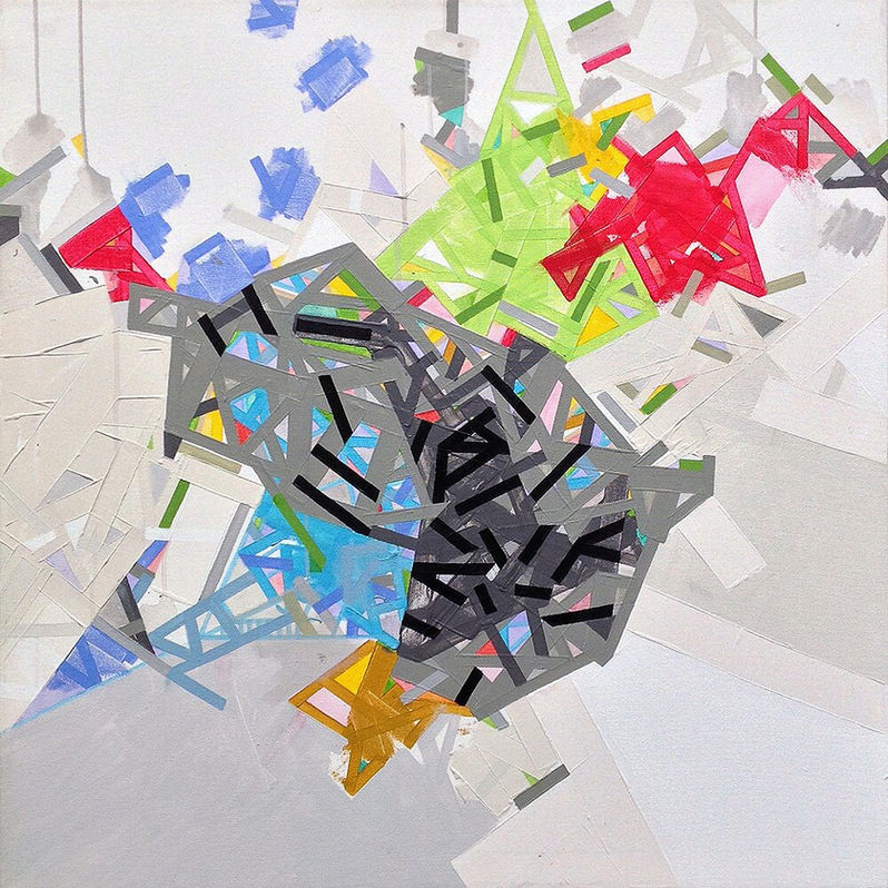 Abstract painting on canvas about social networks by Halaburda, 2018, USA. Light and dark gray, green, yellow, blue, red and black colors.