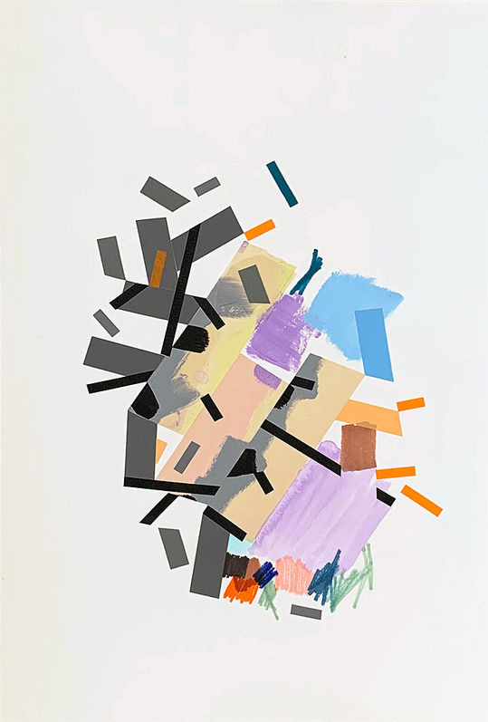 Abstract painting on paper about the city Violetville with acrylic paint and color tapes by Halaburda, 2022, USA. Purple, blue, gray and beige colors.