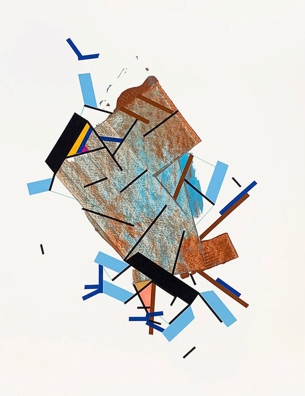 Abstract painting on paper about the crust layers of Earth with acrylic painting and color tapes by Halaburda, 2021, USA. Blue, brown, orange and black colors.