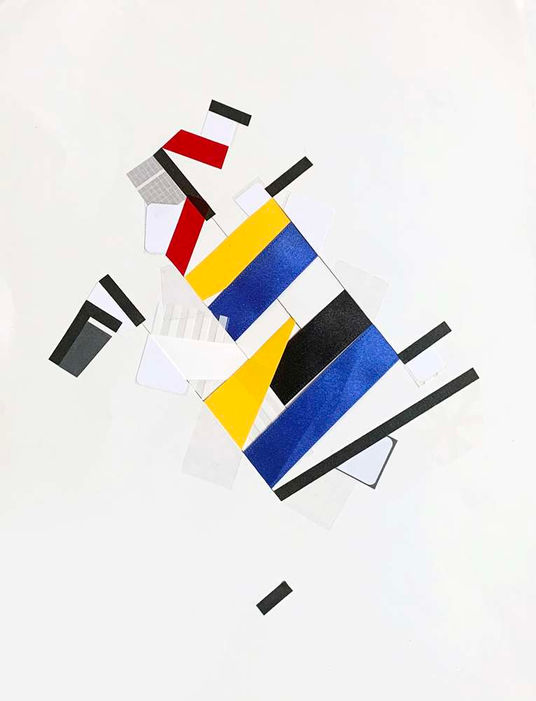 Abstract art on paper with color tapes and ribbons about unique identification in psychogeographic mapping by Philippe Halaburda, 2022, USA