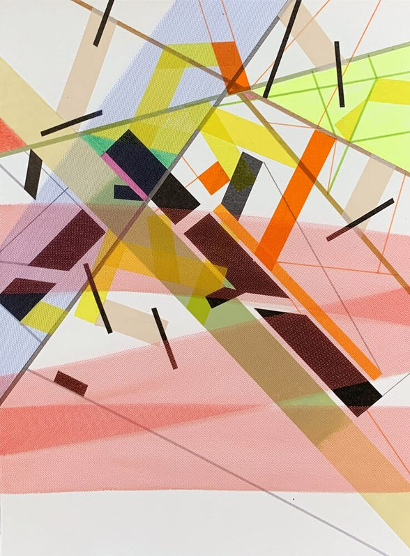 Abstract painting on paper about illusions and perceptions  with acrylic, tulle  and color tapes by Halaburda, 2021, USA. Blue, yellow, red and black colors.