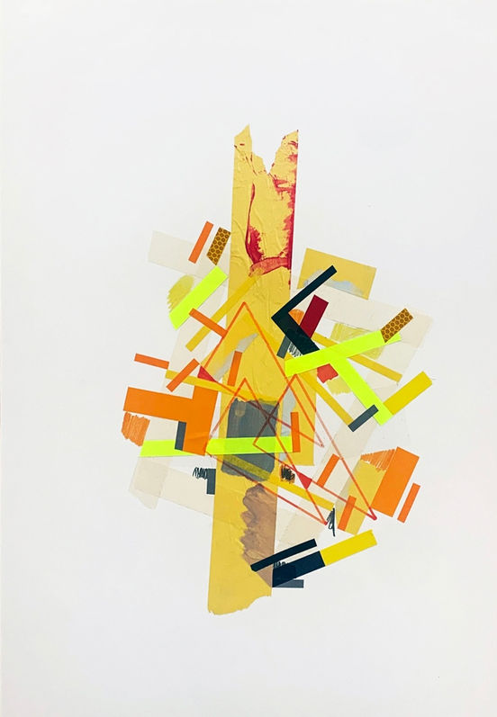 Abstract painting on paper about the path of the bee with acrylic paint and color tapes by Halaburda, 2022, USA. Yellow, orange and black colors.