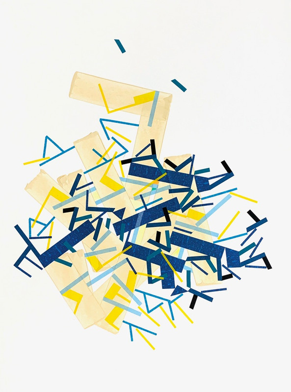 Abstract painting on paper about the last island with acrylic paint and color tapes by Halaburda, 2023, USA. Yellow and blue colors.