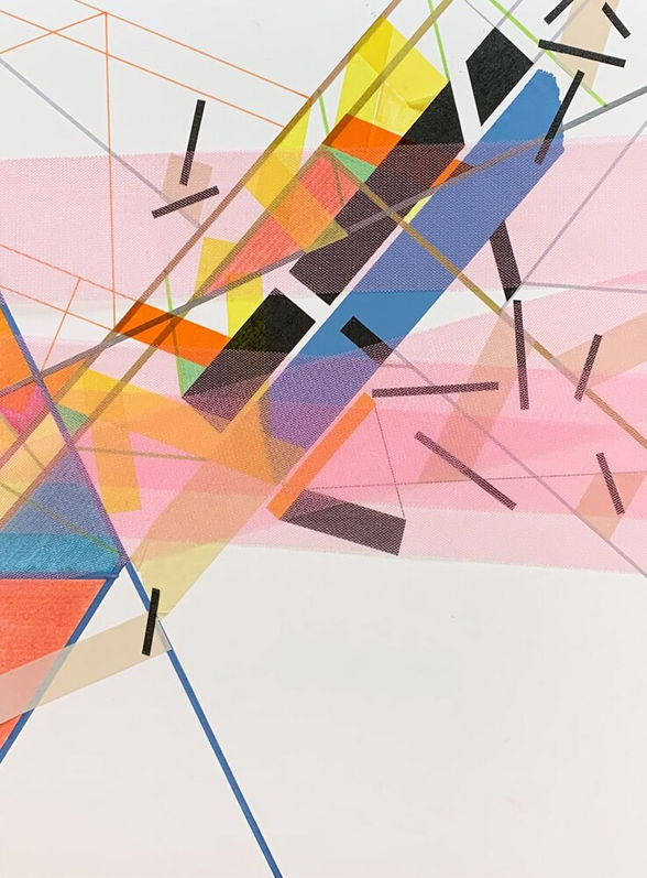 Abstract painting on paper about illusions and perceptions  with acrylic, tulle  and color tapes by Halaburda, 2021, USA. Blue, yellow, red and black colors.