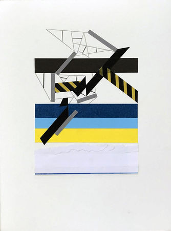 Abstract art on paper with color tapes and collages about moving in psychogeographic mapping by Philippe Halaburda, 2020, USA