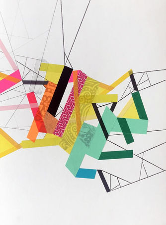Abstract art on paper with color tapes and collages about quarantine in psychogeographic mapping by Philippe Halaburda, 2020, USA