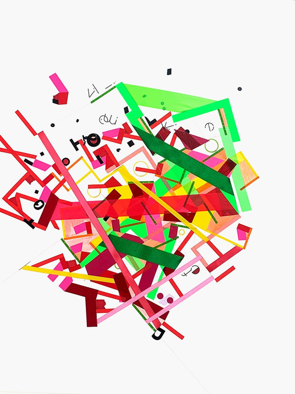 Abstract painting on paper about acceptance with ribbons and color tapes by Halaburda, 2022, USA. Red, yellow, black and pink colors.