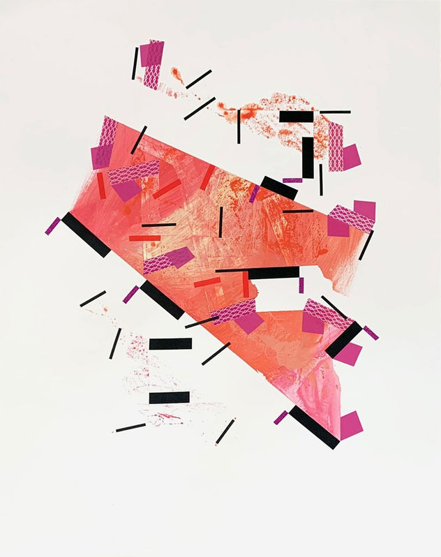 Abstract painting on paper about the ninth chord in music with acrylic paint and color tapes by Halaburda, 2023, USA. Orange , pink and black colors.