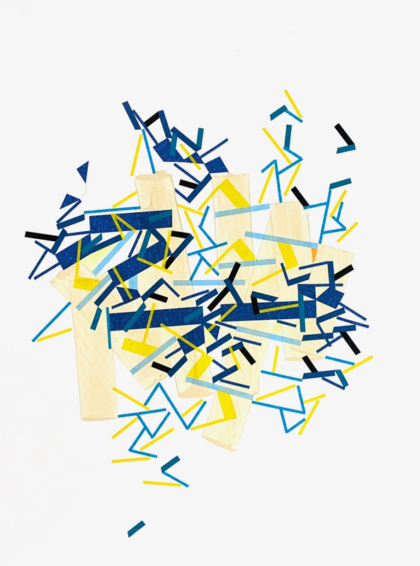 Abstract painting on paper about the last island with acrylic paint and color tapes by Halaburda, 2023, USA. Yellow and blue colors.