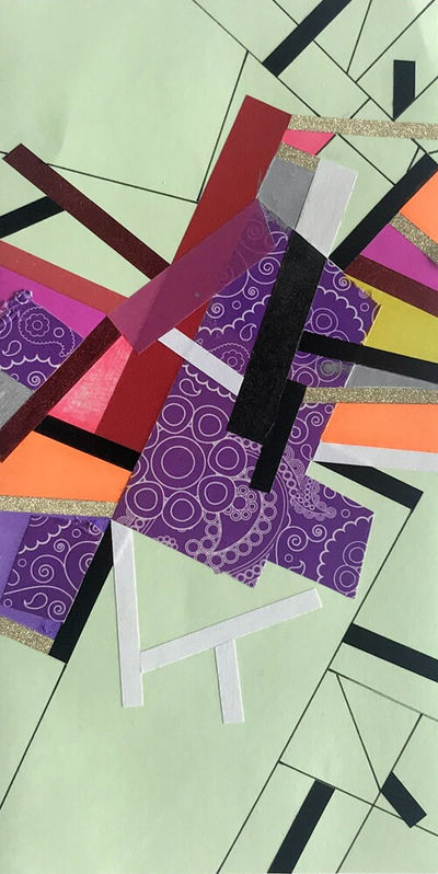 Abstract painting on paper about patterns in nature with color tapes by Halaburda, 2020, USA. PInk, red, violet, yellow, black and blue colors.