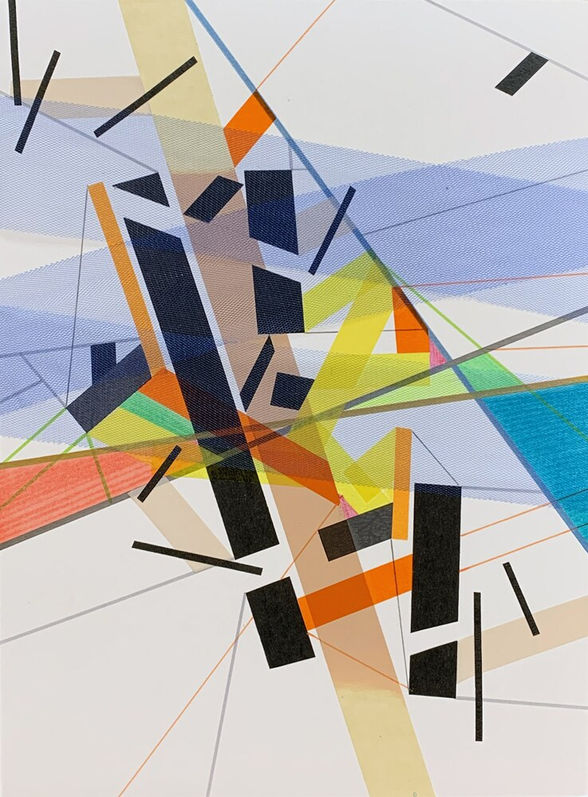 Abstract painting on paper about illusions and perceptions  with acrylic, tulle  and color tapes by Halaburda, 2021, USA. Blue, yellow, red and black colors.