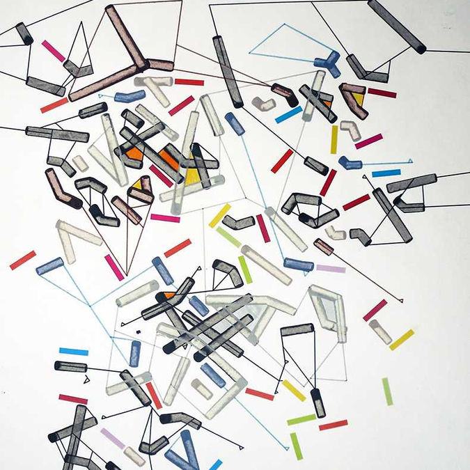 Abstract painting on paper about psychogeographical mapping  by Halaburda, 2016, USA