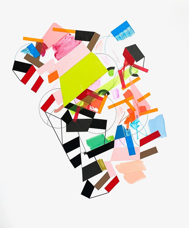 Abstract painting on paper about the elasticity of demand  with acrylic paint and color tapes by Halaburda, 2022, USA. Pink, green, blue and red colors.