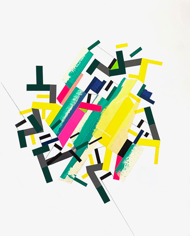 Abstract aerial composition on paper with acrylic paint and color tapes by Halaburda, 2023, USA. Yellow, green, pink and black color.