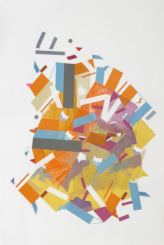 Abstract painting on paper about oxygen therapy with acrylic paint and color tapes by Halaburda, 2023, USA. Yellow, pink, and blue colors.