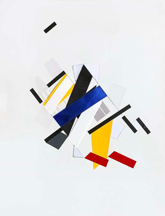 Abstract art on paper with color tapes and ribbons about unique identification in psychogeographic mapping by Philippe Halaburda, 2022, USA