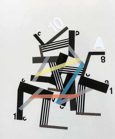Abstract art on paper with color tapes and collages about the network therory in psychogeographic mapping by Philippe Halaburda, 2020, USA