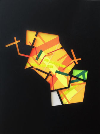 Abstract art on black mount board with  color tapes about the integrated circuits in psychogeographic mapping by Philippe Halaburda, 2020, USA
