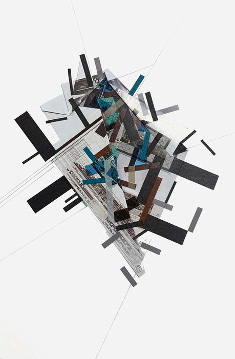 Abstract art on paper with collages and color tapes about the outlying parts in psychogeographic mapping by Philippe Halaburda, 2022, USA