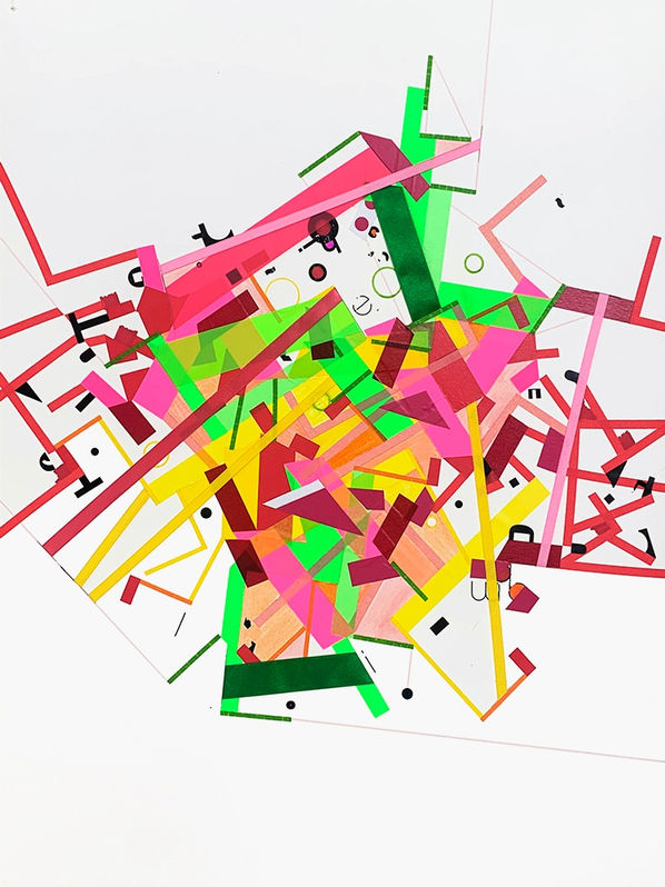 Abstract painting on paper about acceptance with ribbons and color tapes by Halaburda, 2022, USA. Red, yellow, black and pink colors.