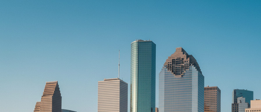 Eye-level view of modern Houston skyline with clear blue sky