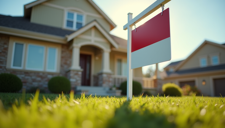 Eye-level view of a suburban house with a "For Sale" sign in the front yard