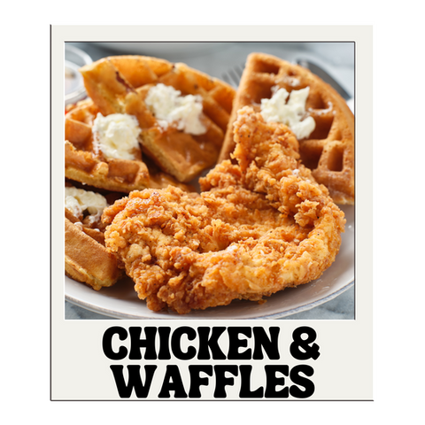 Crispy fried chicken and waffles with butter, Chicken & Waffles on a plate.