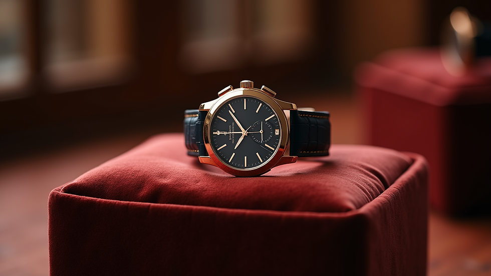 Eye-level view of a luxury watch displayed on a velvet cushion