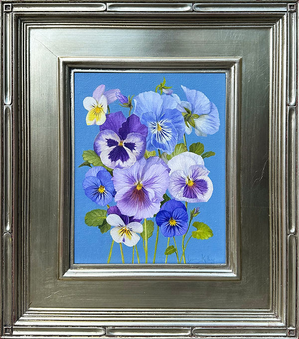 Arden Gallery - Jenny Kelley, "Pansies with Blue," 2024, oil on linen over panel, 10 x 8 inches, $1,500