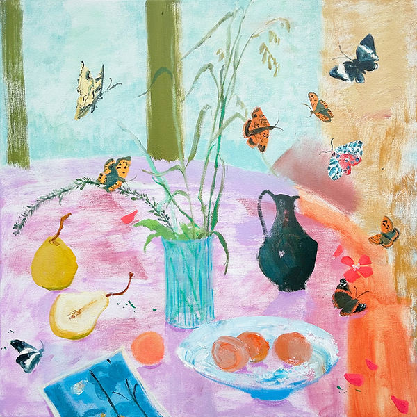 Arden Gallery - Melanie Parke, "Blue Window Copper and Pear," 2025, oil on canvas, 30 x 30 inches, $4,800