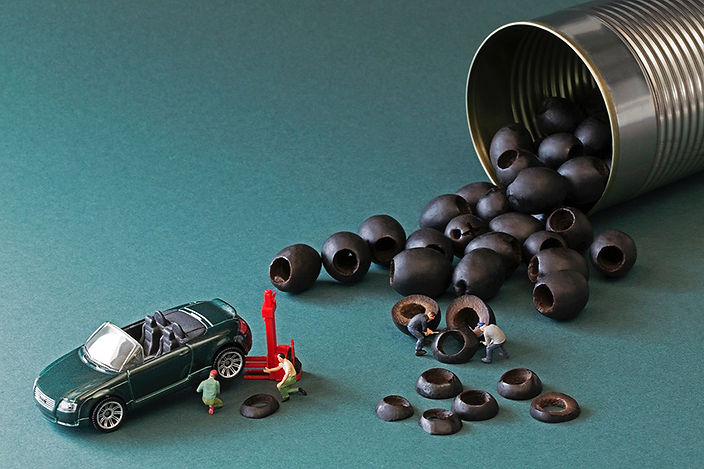 Arden Gallery - Christopher Boffoli, "Olive Tire Changers," acrylic-dibond mounted photograph, 24 x 36 inches (also available: 12 x 18, 30 x 40, 32 x 48, 48 x 72)