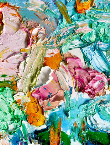 Detail photo: Zhang He, "Orange Fields," 2025, oil on canvas, 48 x 48 inches, price upon request