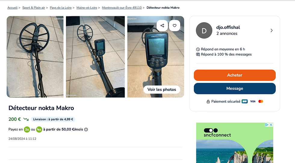 capture d'écran du site leboncoin où un nokta makro simplex est vendu à un prix dérisoire